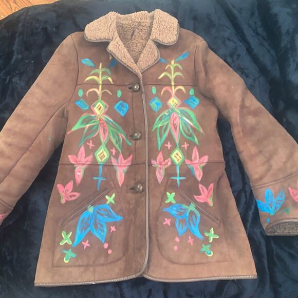 Unique VINTAGE 80's HANDPAINTED SHEEPSKIN SHEARLING Jacket from U.K. - Picture 5 of 10